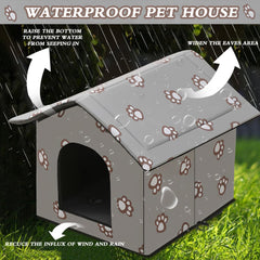 Katzenhaus für Draußen Winterfest und Wasserdicht, Faltbare Outdoor Katzenhöhle mit Abnehmbarem Kissen, Wetterfestes Tierheim für Streuner und Haustiere, Waschbar und Isoliert (Graue Katzenpfote, M)