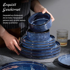 Homikit Service de table 12 pièces pour 4 personnes, service de table combiné avec assiettes, assiettes à dessert et bols à céréales, passe au micro-ondes et au lave-vaisselle, bleu élégant