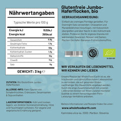 Fulgi de ovăz jumbo Wholefood Earth Organic, fără gluten – 3 kg | Fără OMG | Vegan | Bogat în fibre | Certificat organic