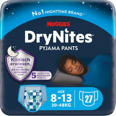 Huggies DryNites Couches mouillantes nocturnes super absorbantes pour garçons de 8 à 13 ans (30 à 48 kg) 27 couches (3 x 9 pièces)