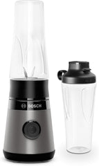 Bosch Mini-Standmixer Vitapower Serie 2 MMB2111S, Highspeed-Mixer, Bis Zu 40.000 Rpm, Tritan Togo-Flasche 0,6 L, Trinkdeckel, Bruchsicher,Spülmasch.Geeignete Teile, 450W, Silber/Schwarz Bucatarie Naty Shop Single Schwarz