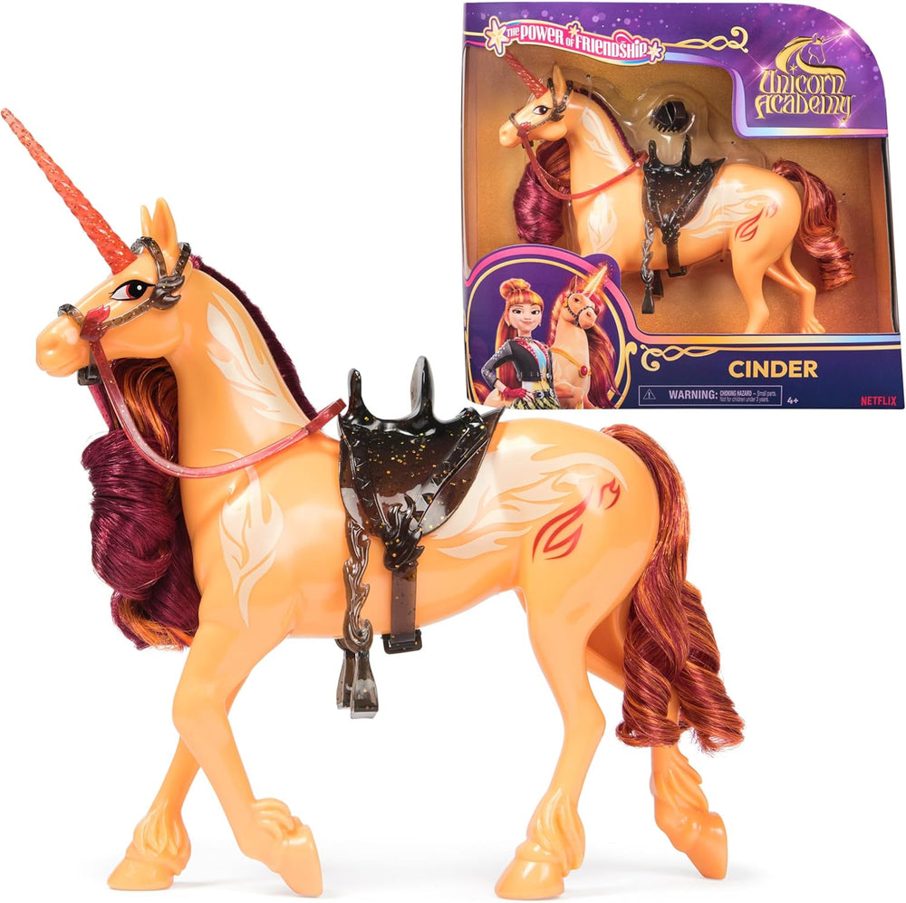 Unicorn Academy Cinder la Licorne - Licorne Valentina originale de 28 cm de haut de la série Netflix, avec une vraie crinière et une vraie queue, une bride, une selle et une brosse amovibles, pour les enfants à partir de 4 ans