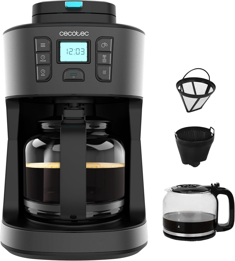 Cafetière filtre Cecotec Coffee 66 Grind & Drop Essential. 1086 W, broyeur à lame, jusqu'à 12 tasses, technologie Extreme Aroma, numérique, acier inoxydable, arrêt automatique.