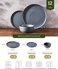 Service de table Mercury, service de table 12 pièces, service de table en grès pour 4 personnes avec assiettes plates, assiettes à dessert, bols à céréales, passe au micro-ondes et au lave-vaisselle, gris anthracite