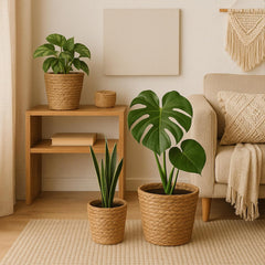 Relaxdays Pots de Fleurs, Lot de 3, Roseau, Pots de Plantes avec Film, 3 Tailles, Style Boho, Pots Ronds, Naturel