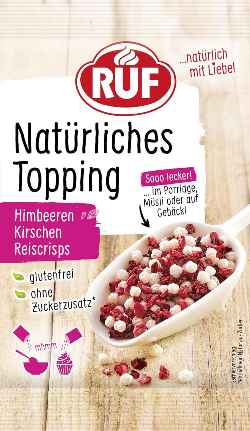 RUF chipsuri de orez, fără aditivi artificiali, amestec de fructe pentru terci și produse de patiserie, fără gluten, vegan, 15 grame Sprinkles Naty Shop 15 grame Orez, Cirese, Zmeura