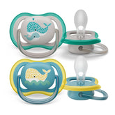 Sucette Philips Avent Ultra Air - lot de 2 sucettes respirantes sans BPA pour bébés à partir de 18 mois, comprenant étui de transport et stérilisation, Baleine/Baleine (Modèle SCF349/24)