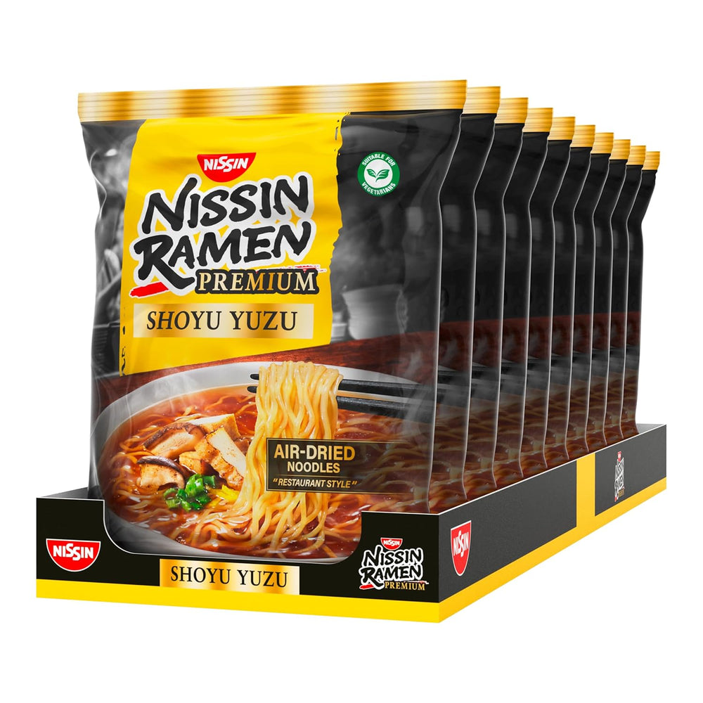 Nissin Ramen Premium - Shoyu Yuzu Lot de 10 nouilles instantanées séchées à l'air libre de style japonais aromatisées à la sauce soja Yuzu et aux poireaux séchés (10 x 92,7 g)