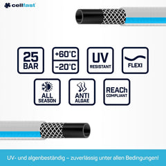 CELLFAST Tuyau d'arrosage, Tuyau d'arrosage de Jardin à 3 Couches, Tuyau d'irrigation Flexible renforcé de Fil Durable, résistant aux UV, Anti-algues, 3,4 Pouces, Longueur de 20 mètres