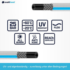 Furtun de grădină CELLFAST, furtun de apă cu 3 straturi pentru grădină, armare durabilă cu fire, furtun flexibil pentru irigații, rezistent la UV, anti-alge, 3,4 inch, lungime 20 metri