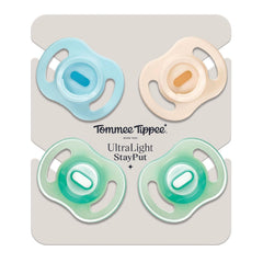 Suzete Tommee Tippee Ultra-Light StayPut și Night Glow, 0-6 luni, pachet de 4, design din silicon dintr-o singură bucată, senzație moale pe piele
