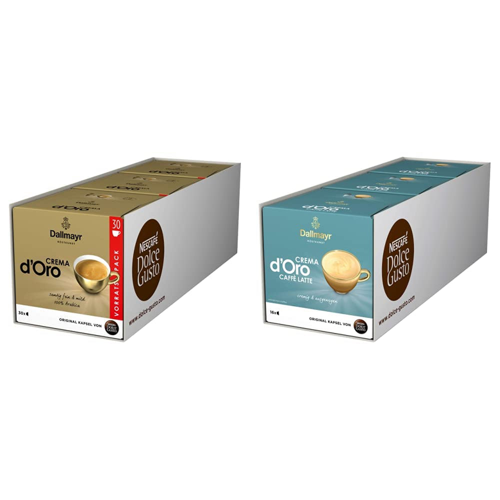 Dallmayr Crema d'Oro, XXL-Vorratsbox (3 x 30 Kapseln) & Dallmayr Crema d'Oro Caffè Latte (48 Kaffeekapseln, 48 Getränke, cremig & ausgefungen) 3er Pack (3 x 16 Kapseln)