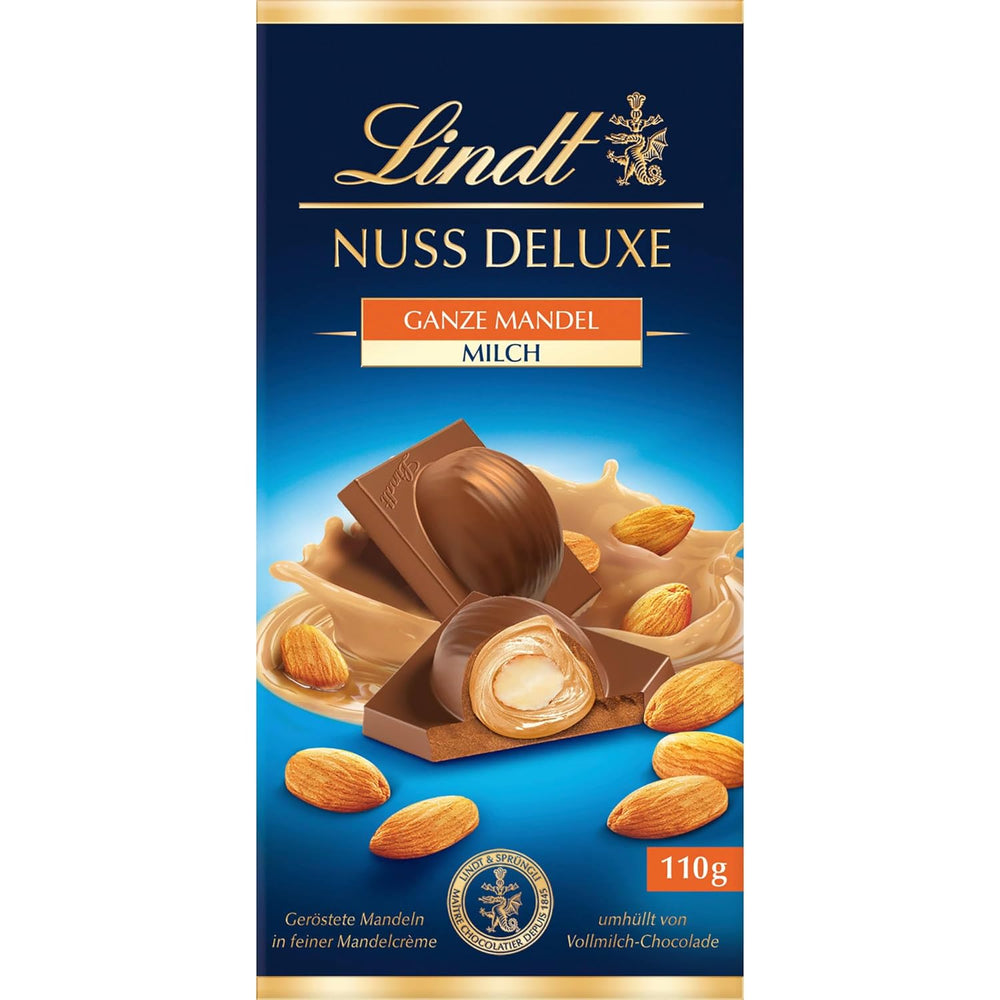 Chocolat Lindt | NUT DELUXE Barre de chocolat au lait et aux amandes | 110g | Chocolat au lait aux amandes grillées dans une crème d'amande onctueuse | Barre de chocolat