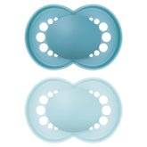 Sucettes MAM Original, paquet de 2, sucettes pour bébé respectueuses des dents, fabriquées à partir de matériaux durables et biorégénérables, tétines en silicone MAM SkinSoft, avec boîte à tétines, 6-16 mois, bleu/bleu clair