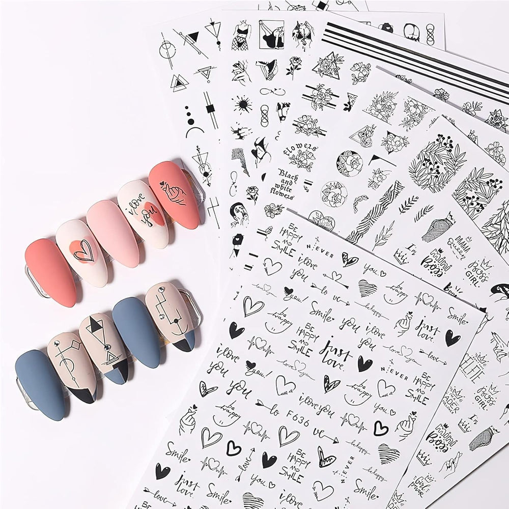 7 Blätter Nagelsticker Selbstklebend Nagelsticker Blumen Abstract 3D Schwarz Nagelaufkleber Nageldesign Herzform Wörter Pflanzen Nagel Sticker DIY Nail Art Zubehör Maniküre Dekoration