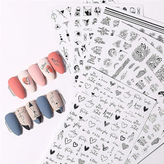 7 Blätter Nagelsticker Selbstklebend Nagelsticker Blumen Abstract 3D Schwarz Nagelaufkleber Nageldesign Herzform Wörter Pflanzen Nagel Sticker DIY Nail Art Zubehör Maniküre Dekoration