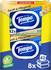 Lingettes de toilette Tempo "Doux & Soin" - Megapack - 16 paquets de 42 lingettes - Duo Packs - à la camomille naturelle - papier toilette, testé dermatologiquement et neutre au Ph de la peau