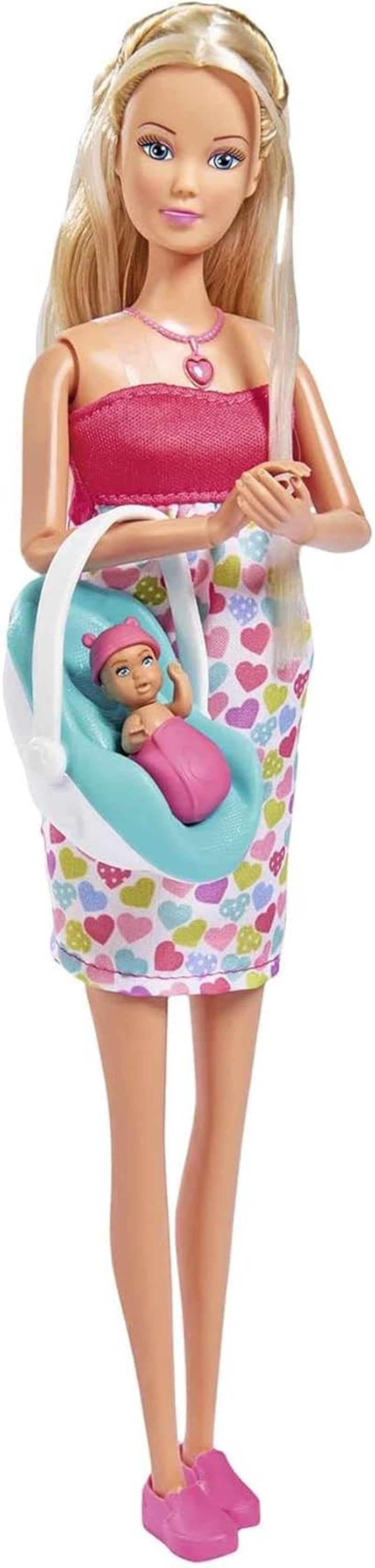 Simba 105733480 - Steffi Love Babyglück, Schwangere Puppe mit Baby und tollen Sounds, Babyzubehör und Babyschale