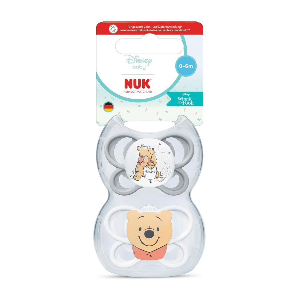 Sucettes NUK Perfect Match Air pour bébés | 0-6 mois | Sucettes orthodontiques qui favorisent la circulation de l'air et préviennent les éruptions cutanées causées par la salive | 95 % d'acceptation par les bébés** | Disney Winnie l'ourson | Paquet de 2