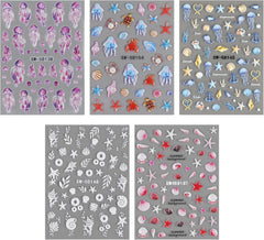 5 buc autocolante pentru unghii 5D în relief, model oceanic, farmece pentru unghii, autocolante pentru unghii de vară oceanică, scoici, animale marine, autocolante drăguțe pentru design de unghii, accesorii pentru design de unghii