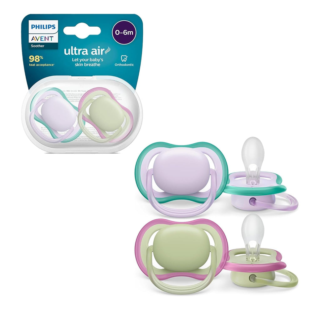 Sucettes Philips AVENT ultra air - Sucettes légères et respirantes pour bébés âgés de 0 à 6 mois, sans BPA, avec étui de transport comme stérilisateur, paquet de 2, modèle SCF085/24