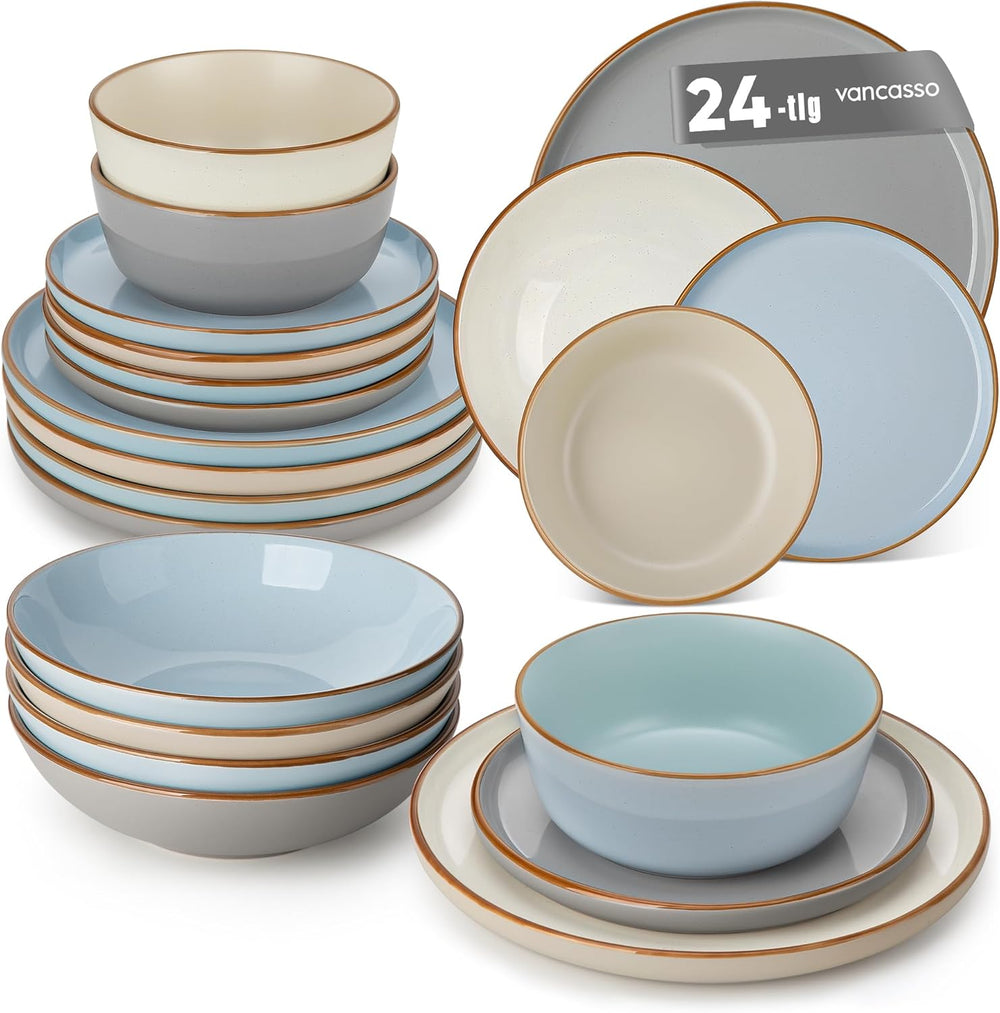 Ensemble de cuisine pour 6 personnes, vancasso RENO 24-tlg Steingut Teller Set Mix, Tafelservice mit je 6 Speiseteller, Dessertteller, Suppenteller, Müslischalen, Spülmaschinenfest & Mikrowellengeeignet, Mehrfarbig