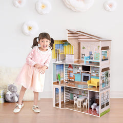Olivia's Little World Maison de poupée interactive en bois à 3 étages de style méditerranéen contemporain pour enfants avec 17 accessoires de meubles de poupée multicolore TD-13551B
