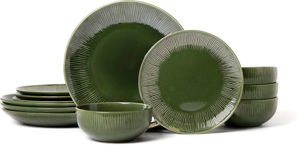 Set de veselă Mikasa Jardin cu 12 piese, set de veselă din gresie pentru 4 persoane cu farfurii, farfurii laterale și boluri, verde - cutie cadou și lavabilă în mașina de spălat vase