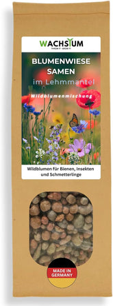 Graines de fleurs enrobées d'argile protectrice pour abeilles et papillons, 400g. Mélange de fleurs sauvages vivaces et résistantes à l'hiver pour 20 m². De belles graines de fleurs sauvages pour un pâturage d’abeilles coloré. Cadeau pour les enfants.