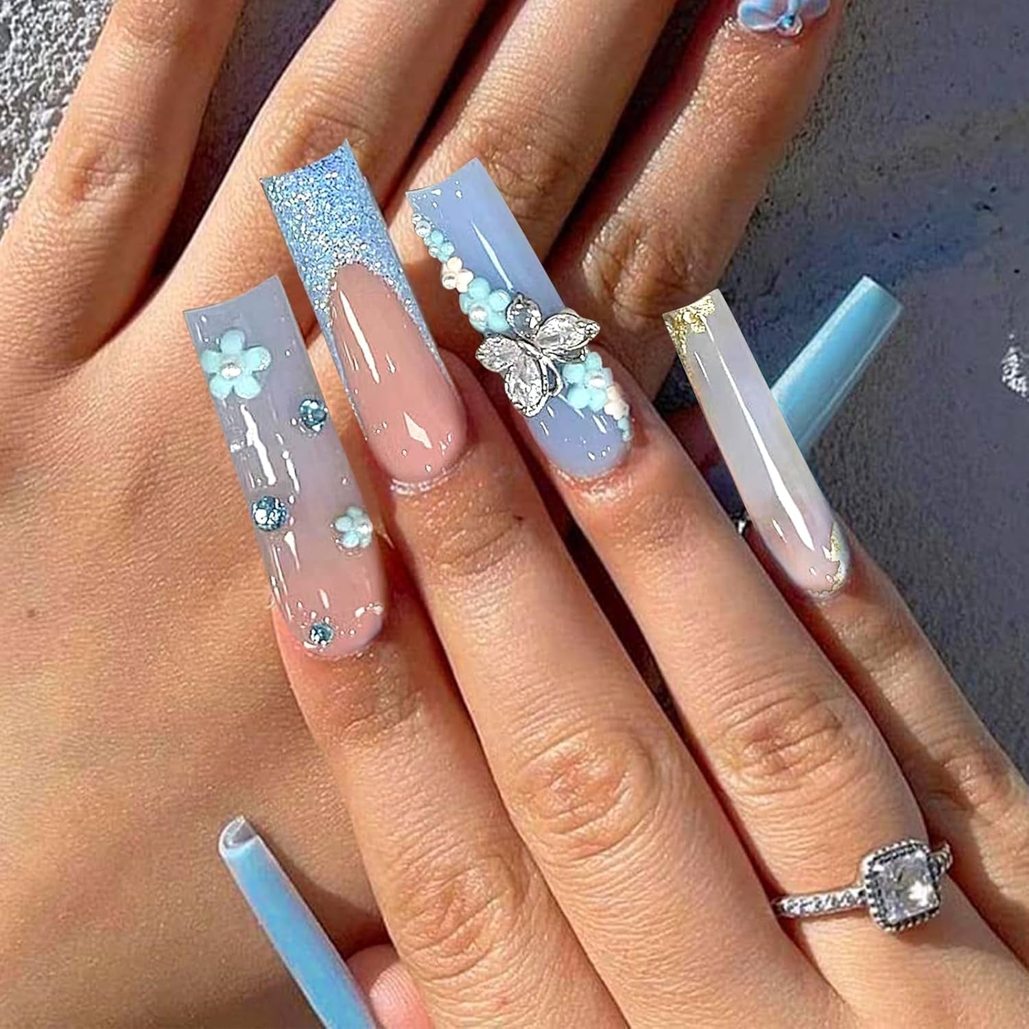 24 buc unghii artificiale albastru fluture, pătrate, unghii franțuzești prinse cu apăsare, lungi, sclipici, strălucitoare, stras, vârfuri unghii false