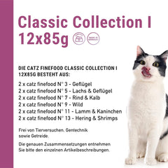 Catz Finefood Classic Collection Mixed Pack Hrană umedă pentru pisici - hrană umedă gourmet pentru pisica ta, fără cereale și fără zahăr, cu un conținut ridicat de carne, 24 de pliculețe x 85 g