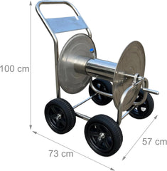 Dévidoir Relaxdays, jusqu'à 200 m, enrouleur de tuyau mobile, HL 100 x 73 x 57 cm, distributeur de tuyau, acier inoxydable, argent