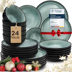 Twinzee Service de table en grès 24 pièces pour 6 personnes – Ensemble bol et assiette – Grès allant au micro-ondes – Collection Riviera