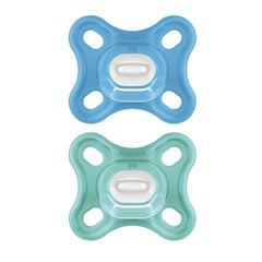 MAM Comfort Lot de 2 sucettes en silicone (0-2 mois), ensemble de sucettes pour prématurés et nouveau-nés avec boîte à sucettes, rose/violet