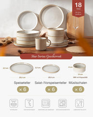 Star Service de table 18 pièces, service de table pour 6 personnes, porcelaine, résistant aux rayures, passe au micro-ondes et au lave-vaisselle, blanc cappuccino
