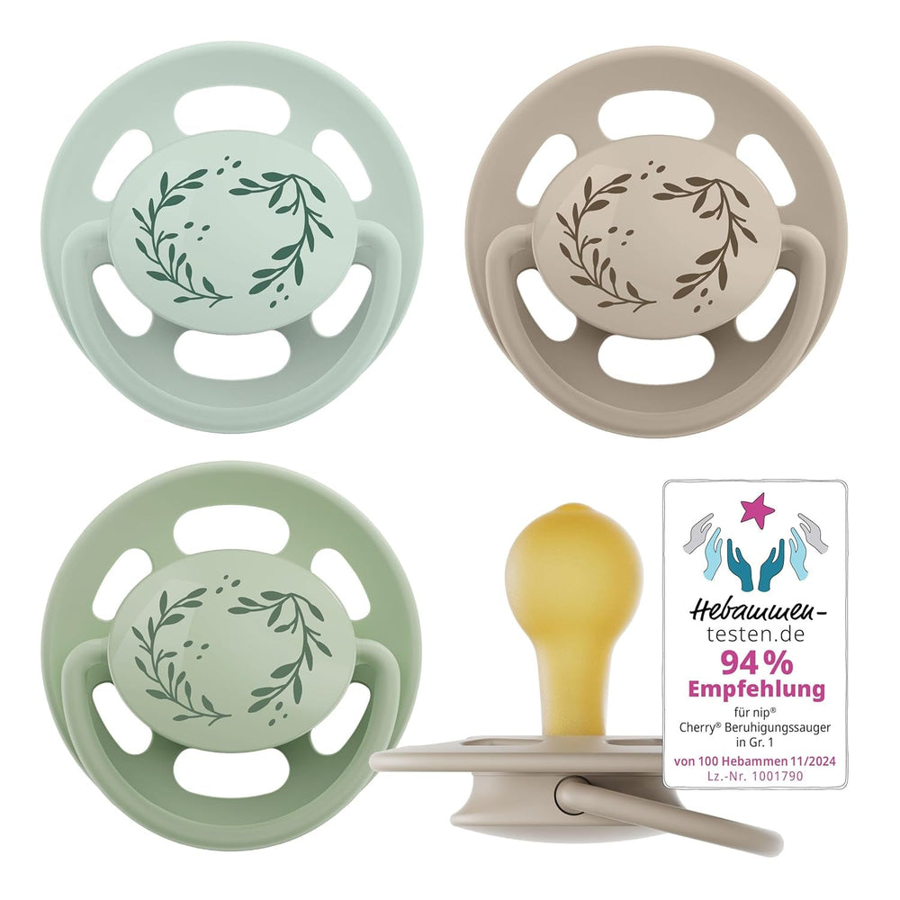 pincement - Vert Cerise | 0-6 mois | Paquet de 4 | Sucette pour bébé, adaptée à l'allaitement et à la dentition. Sucette durable, fabriquée à partir de matières premières naturelles, vert clair/marron
