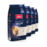 Melitta BellaCrema Lot de 4 grains de café décaféinés non moulus pour machines à café entièrement automatiques, torréfaction légère, torréfaction allemande, 3 forces, 1 kg