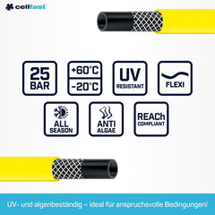 CELLFAST Tuyau d'arrosage 3,4 pouces Tuyau d'arrosage à 3 couches Tuyau d'irrigation flexible avec renfort de fil durable Résistant aux UV Anti-algues 25 bars 50 mètres et plus
