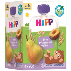 Pliculețe HiPP Organic cu pere și prune, cu cereale integrale, 16 bucăți (4 pachete a câte 4 x 90g fiecare), pentru bebeluși de la 6 luni, fără zahăr adăugat, vegane, de cea mai bună calitate organică