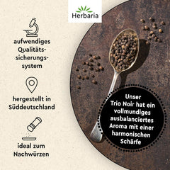 Herbaria Trio Noir bio 75g M-Dose – Bio Pfeffer schwarz ganz – ganze Pfefferbeeren – schwarze Pfeffermischung aus biologischem Anbau von trois verschiedenen Regionen - in nachhaltiger Aromaschutz-Dose