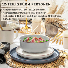 SÄNGER Bombay Clair de Lune | Service de table en céramique 12 pièces pour 4 personnes, 4 assiettes plates, 4 assiettes à dessert, 4 bols, couleurs assorties | LA COLLECTION VALEUR