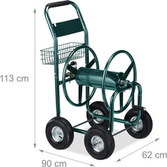 Dévidoir Relaxdays, jusqu'à 90 m, 4 pneumatiques, raccord à clic, enrouleur de tuyau en métal, distributeur de tuyau avec panier, vert