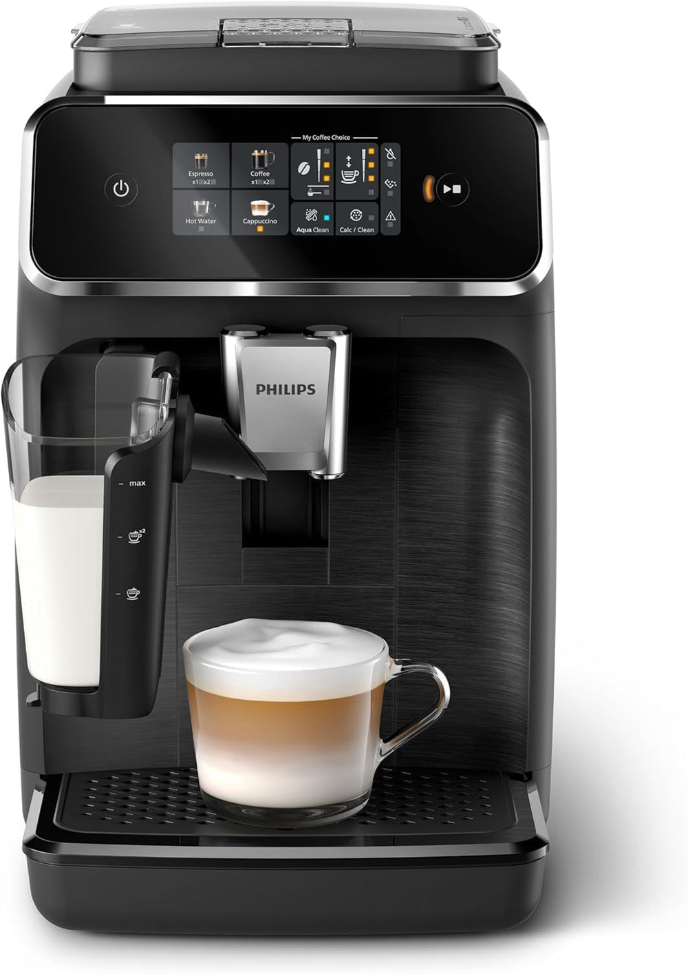Machine à expresso automatique PHILIPS série 2300 - 4 boissons, écran tactile couleur moderne, système de préparation de lait LatteGo, SilentBrew, moulin 100% céramique, filtre AquaClean. Noir mat (EP2330/10)