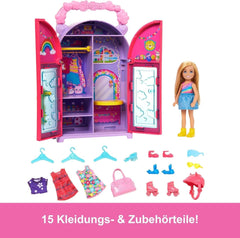 Barbie Chelsea Poupée et armoire de jeu avec vêtements et accessoires, ensemble de 17 pièces, pliable pour le jeu de voyage et le rangement, HXN03 Naty Shop Dolls