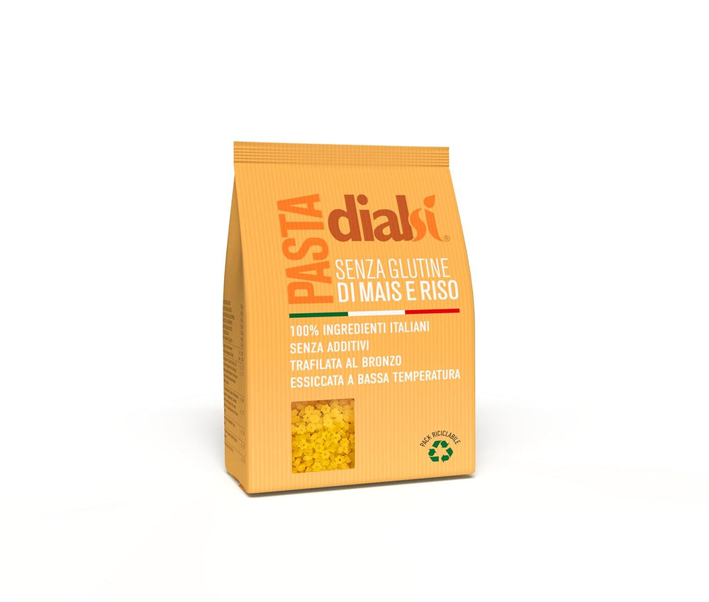 Paste Dialsi în formă de stea, paste fără gluten din porumb și orez, trase în bronz, ingrediente 100% italiene, fără aditivi, se gătește în 8-9 minute, pachet de 300g