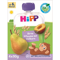 HiPP Sachets de poire et de prune bio, grains entiers, 16 pièces (4 paquets de 4 x 90 g chacun), pour bébés à partir de 6 mois, sans sucre ajouté, végétalien, meilleure qualité biologique