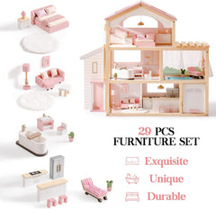 ROBUD Maison de poupée en bois avec meubles, ascenseur, garage, pavillon et piscine, cadeau pour 3, 4, 5, 6 ans et plus, rose