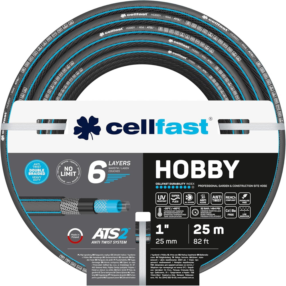 CELLFAST Tuyau d'arrosage Tuyau d'arrosage 6 Couches Tuyau d'irrigation en Tissu Double tressé résistant aux UV Tuyau Flexible Anti-algues 32 Bar 1 Pouce 25 mètres Hobby