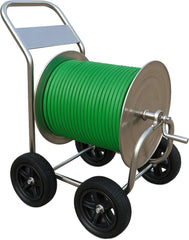 Dévidoir Relaxdays, jusqu'à 200 m, enrouleur de tuyau mobile, HL 100 x 73 x 57 cm, distributeur de tuyau, acier inoxydable, argent