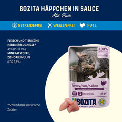 Bozita Pouch Nassfutter Häppchen in Sauce mit Pute - 12x85g Portionsbeutel getreidefreies & weizenfreies Futter für Katzen - Katzennassfutter für erwachsene Katzen mit 8,5% Protein & 4,5% Fettgehalt
